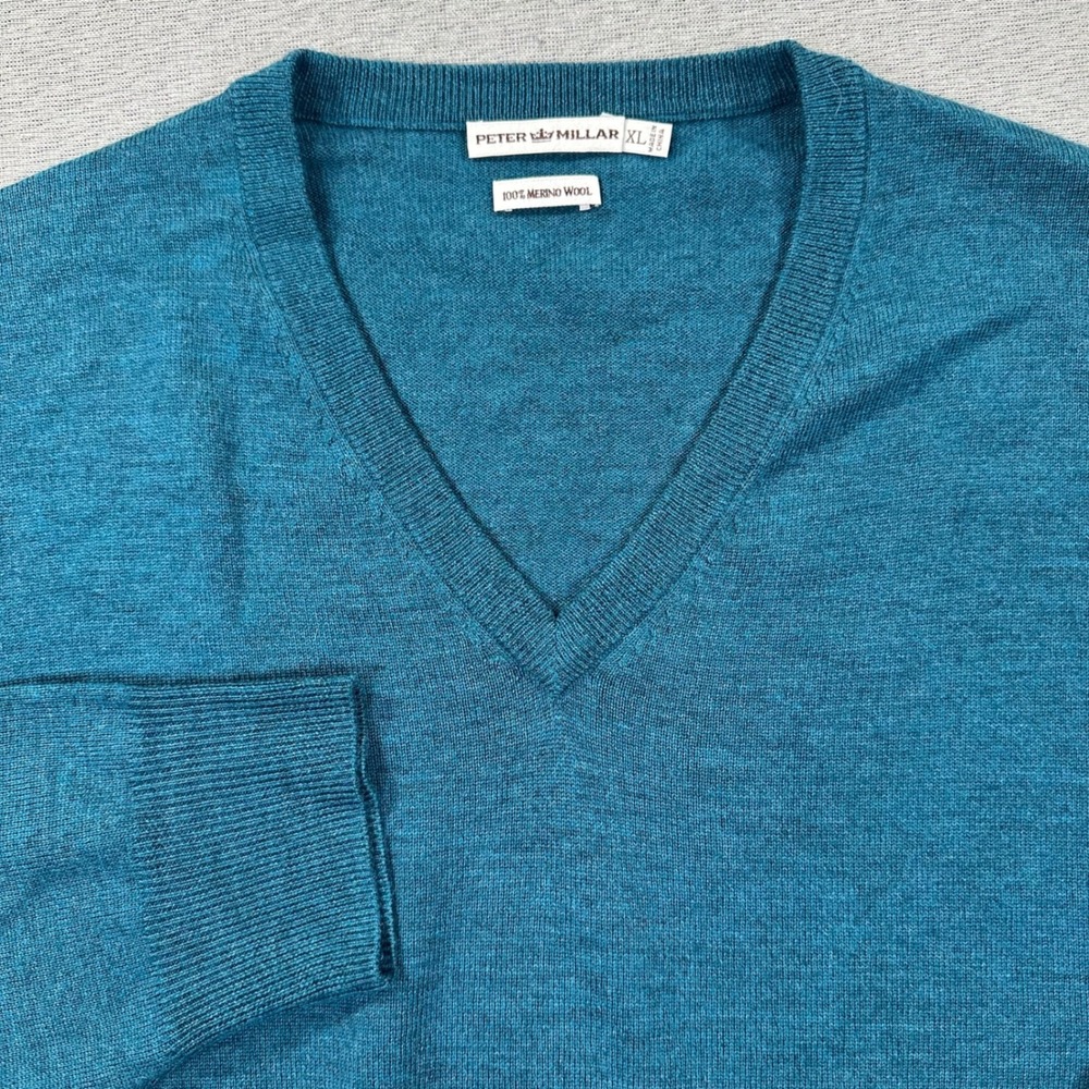 Peter Millar Sweater Mens XL Teal Extra Fine Italian Merino Wool V-Neck MF14S31